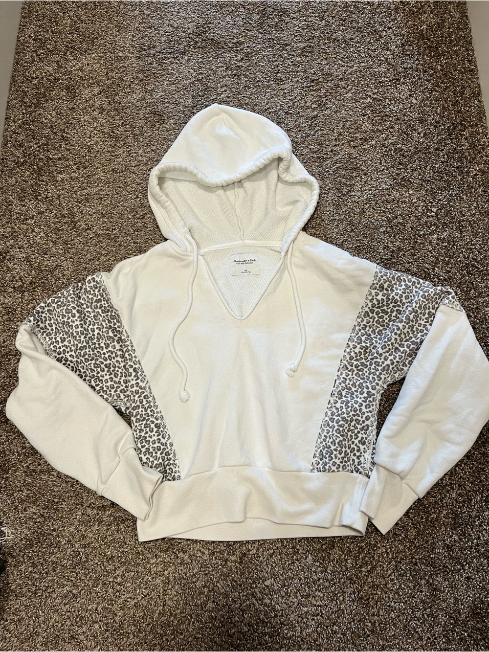 Women's Cream Hooded Pullover with Leopard Accent